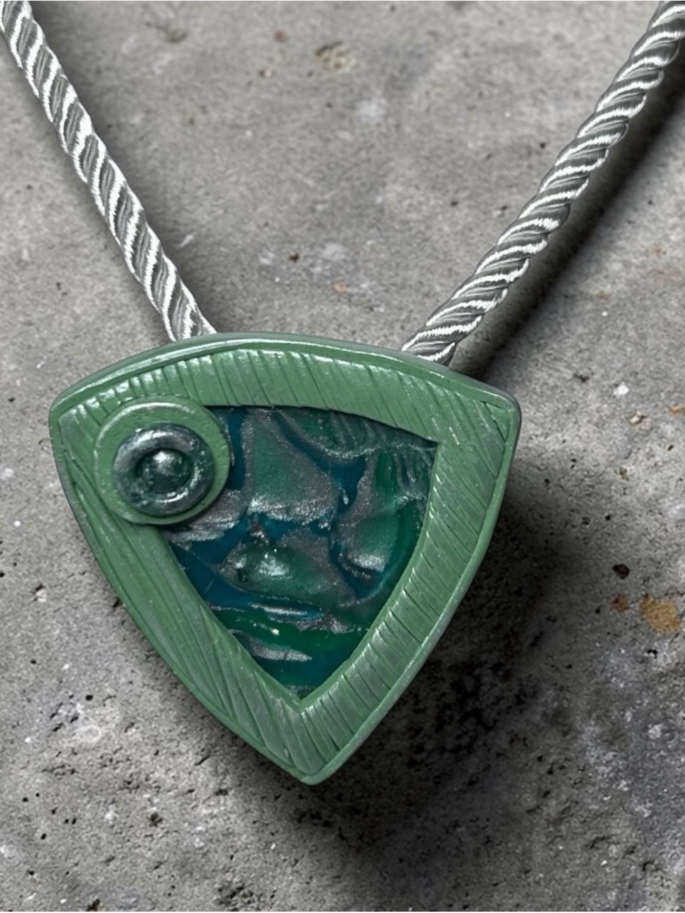 Handmade Blue Green & Silver Polymer Clay Pendant Necklace on Silk Cord SS Clasp